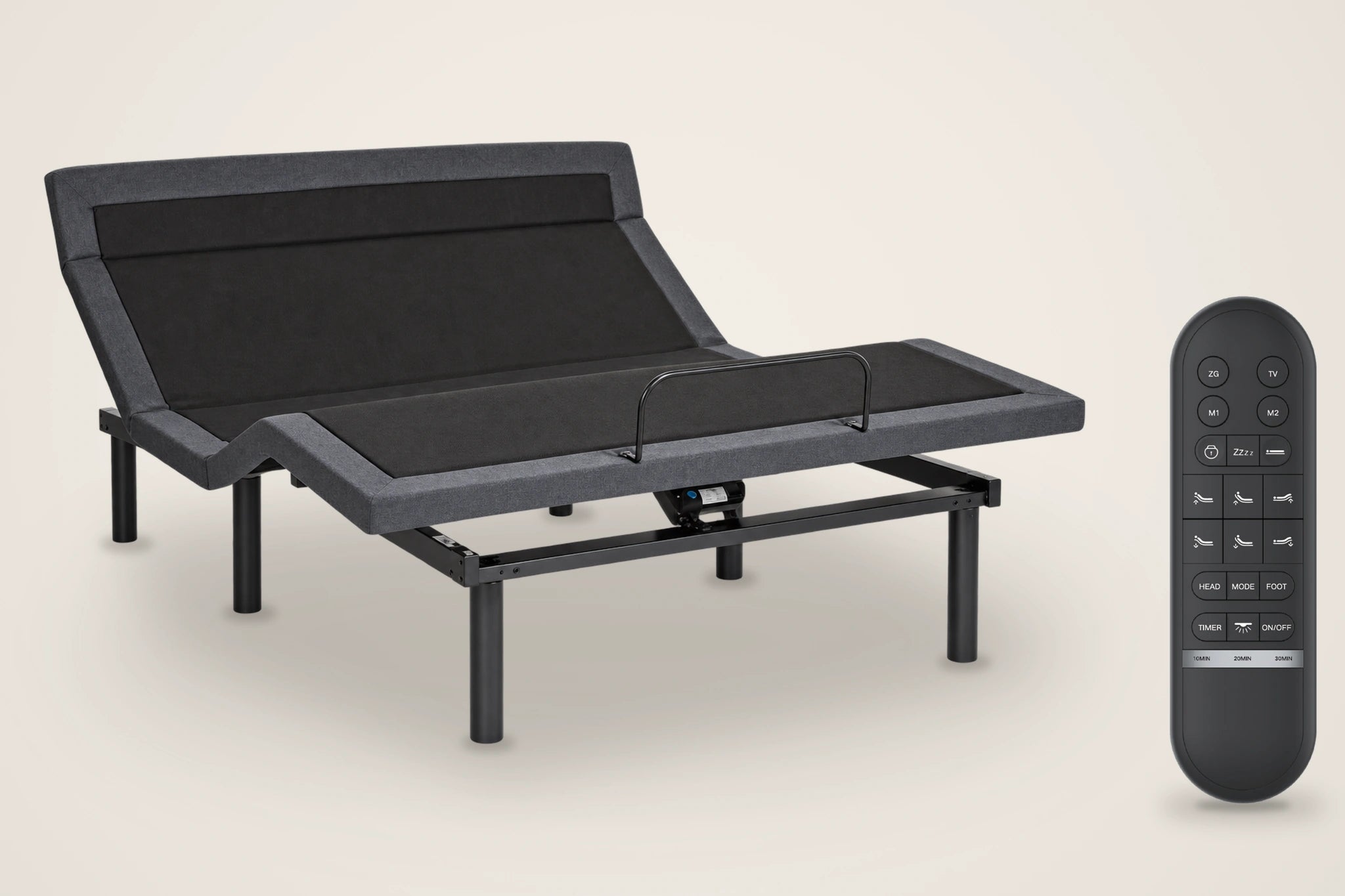 Customatic Harmony base with raised neck, head and foot sections, beside its exact wireless remote