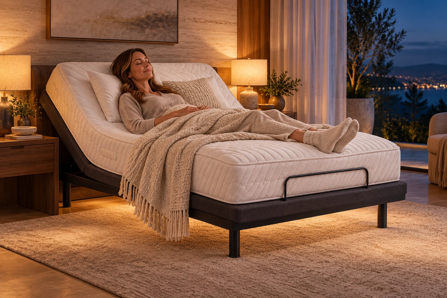 A quiet evening pause in a comfortably reclined Synergy adjustable bed