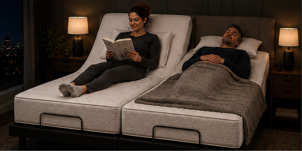 Couple using a Split King adjustable base at night, with one side elevated and the other flat