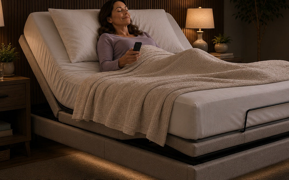 Woman relaxing on the Premier Adjustable Base in a luxury bedroom