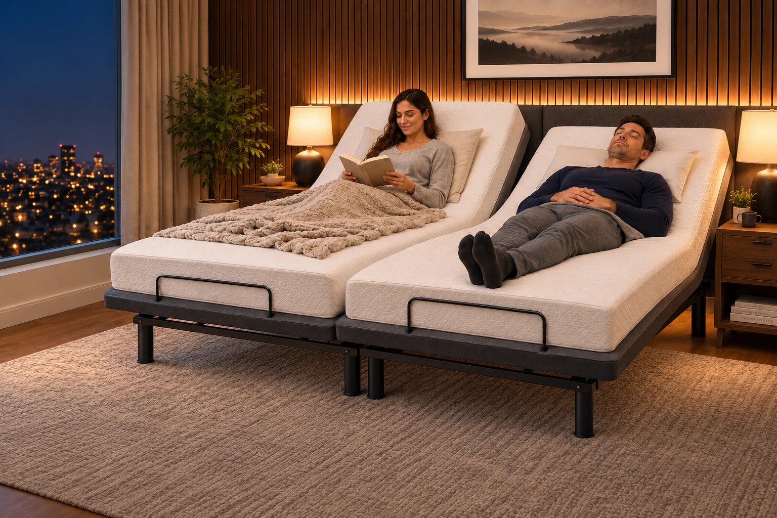 A couple sharing a Split King with two independently positioned Twin XL mattresses